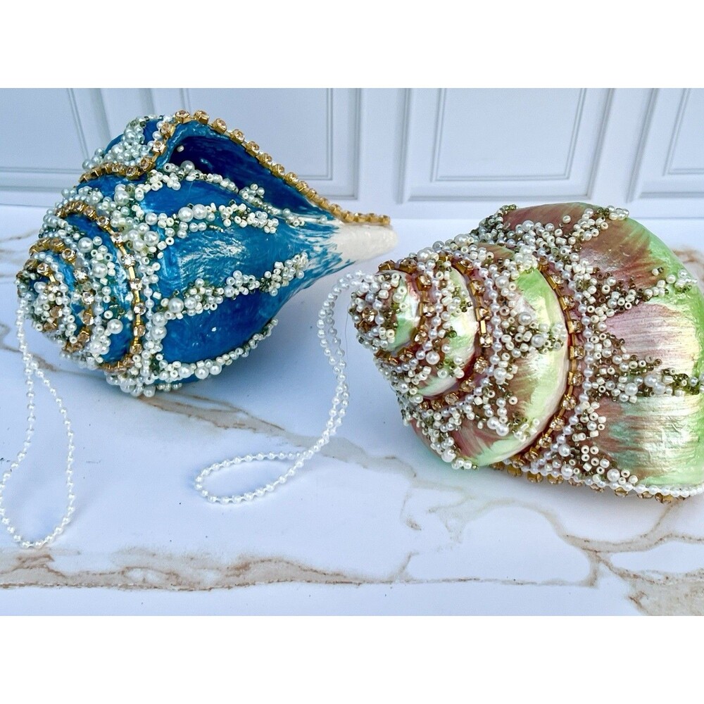 Large Jeweled Seashell Christmas Ornaments Pearl Beaded Rhinestone Coastal Pair - Picture 13 of 16